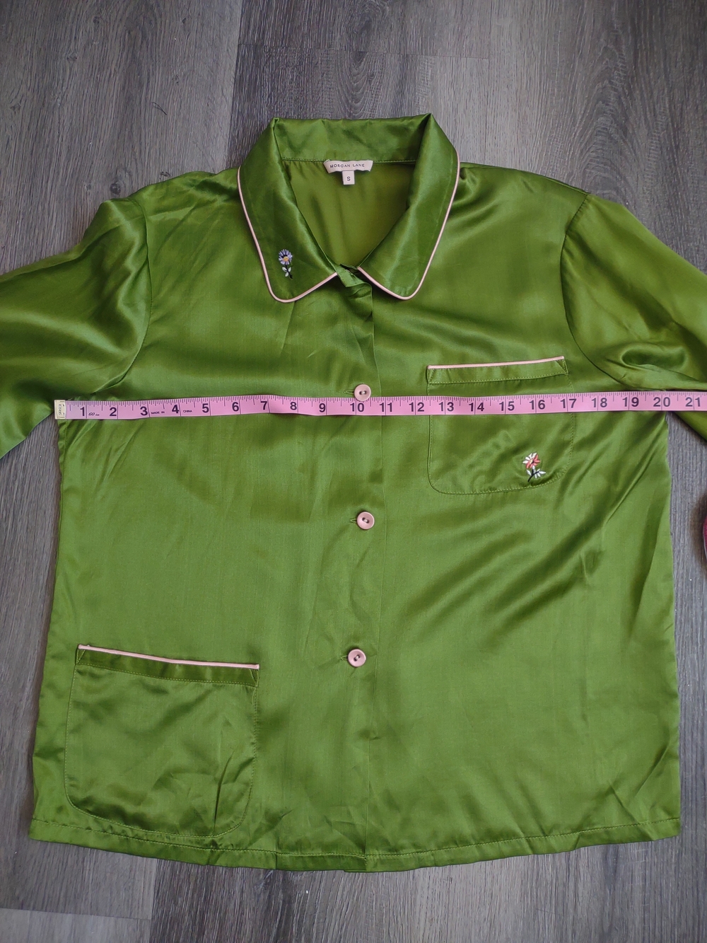 MORGAN LANE Ruthie and Chantal Green Embroidered Silk Blend PJ Top . - Picture 10 of 11
